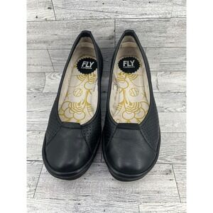 FLY LONDON Black Leather Perforated Wedge Ballet Flats Women Size 37 P500798000